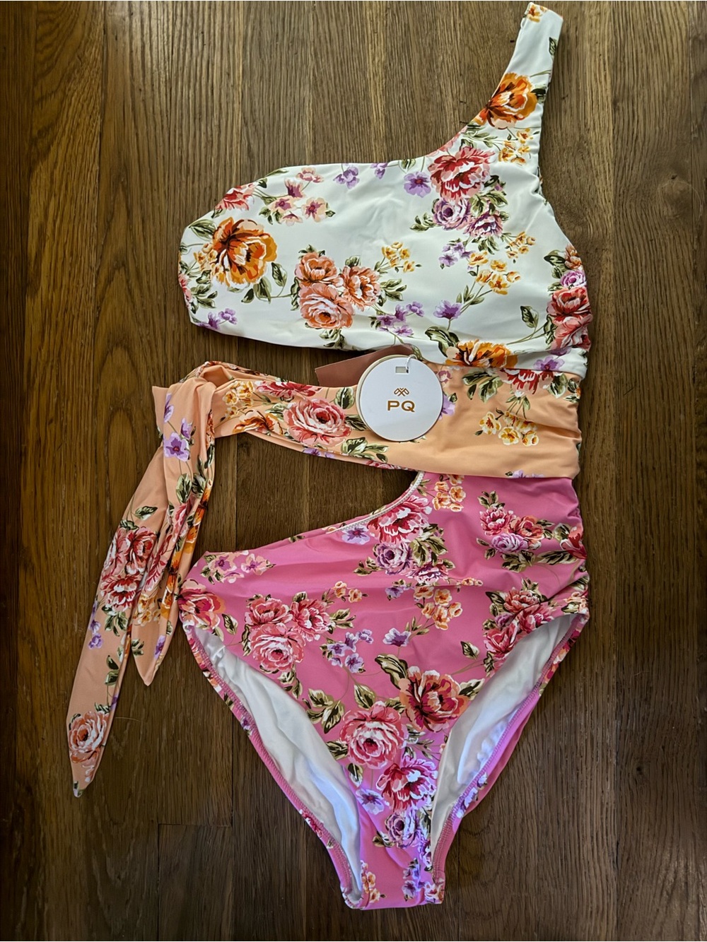 PQ Bahia Floral One-Shoulder Coquette Cutout Swimsuit - Cream, Peach, Pink